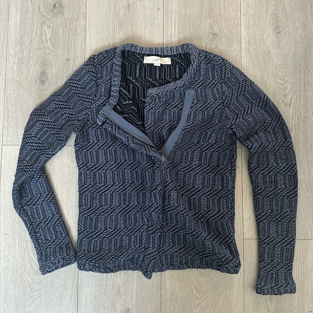 LOFT Blue Patterned Full Zip Cardigan